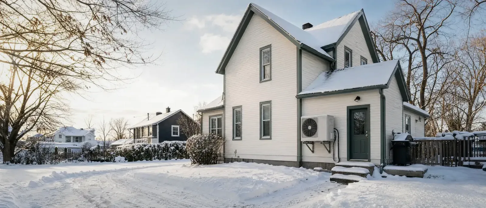 Maison québécoise en hiver avec une thermopompe extérieure, un projet visé par les subventions vertes au Québec